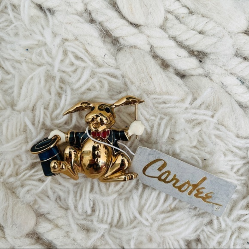 NWT Carolee Vintage Rabbit Magician Brooch Gold Black Enamel Bunny Pin P228950